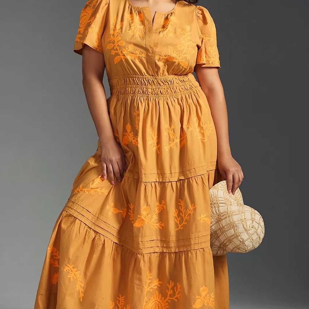 Anthropologie Mustard Yellow Maxi Dress with Orange Embroidery